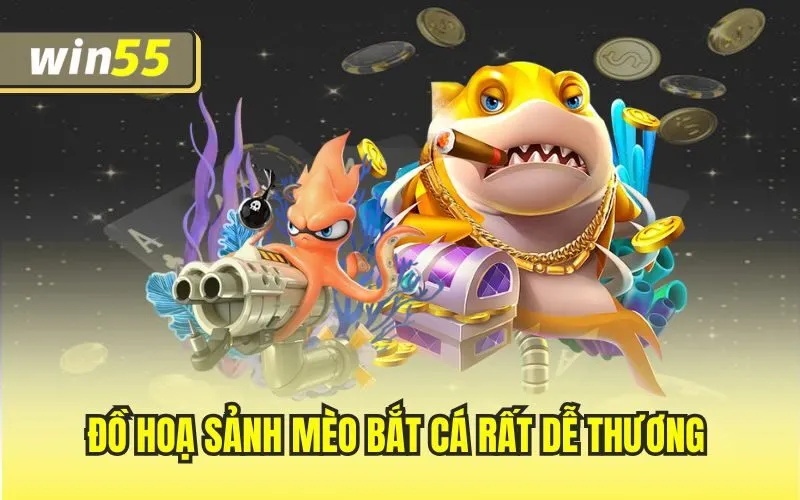 Đồ hoạ sảnh mèo bắt cá rất dễ thương